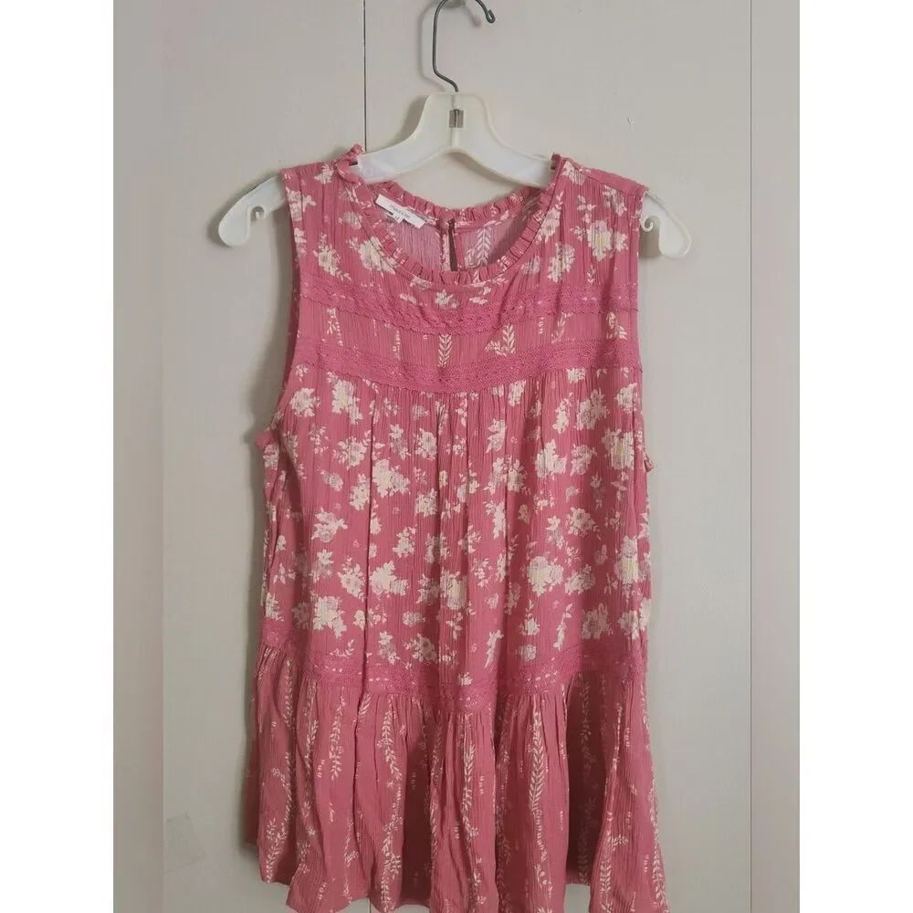 F16 Maurices Pink w Yellow Floral Ruffled Sleeveless tiered pheasnt style top